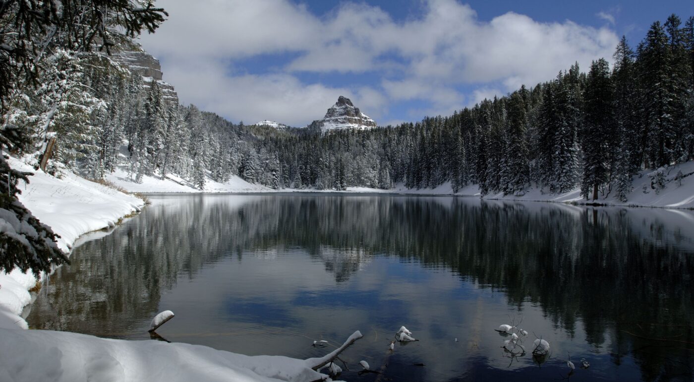 Wind River Lake with snow capped mountains